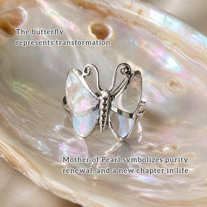 Genuine Mother of Pearl Handmade Butterfly Ring, 925 Sterling Silver Statement Ring, Natural Shell Ring, Butterfly Jewelry, Gift for Her