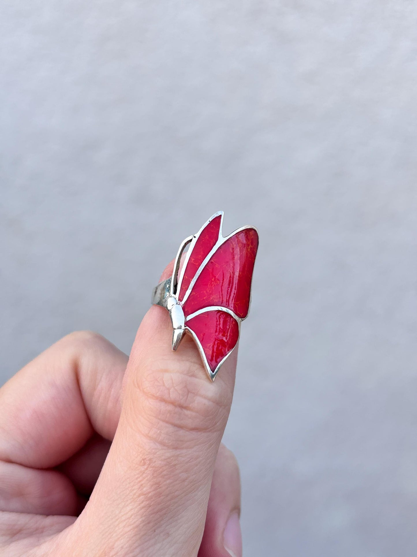 Red Coral Butterfly Ring, Natural Coral Inlay Ring, Sterling Silver Statement Ring, Handmade Monarch Butterfly Jewelry, Gift for Her