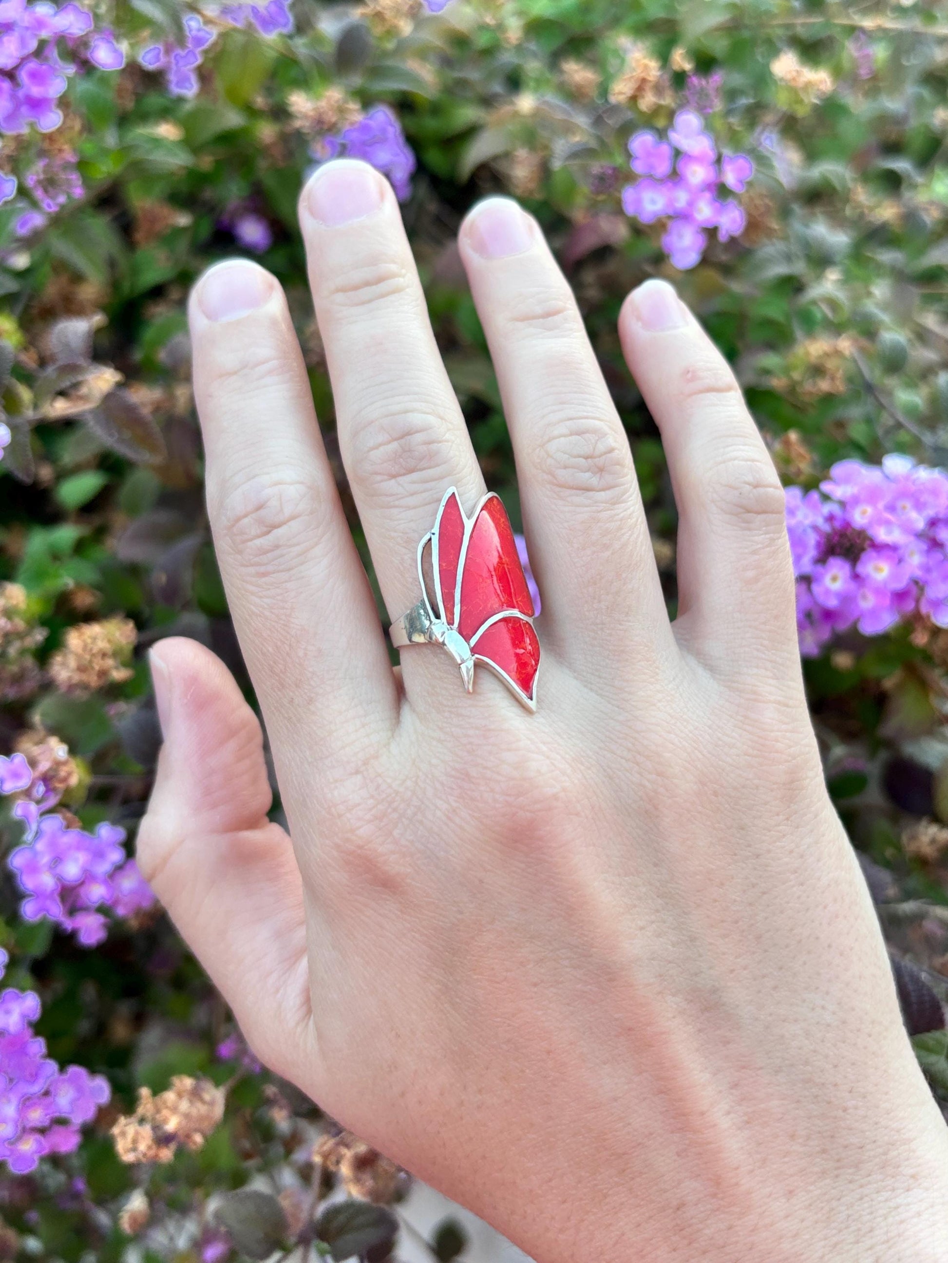 Red Coral Butterfly Ring, Natural Coral Inlay Ring, Sterling Silver Statement Ring, Handmade Monarch Butterfly Jewelry, Gift for Her