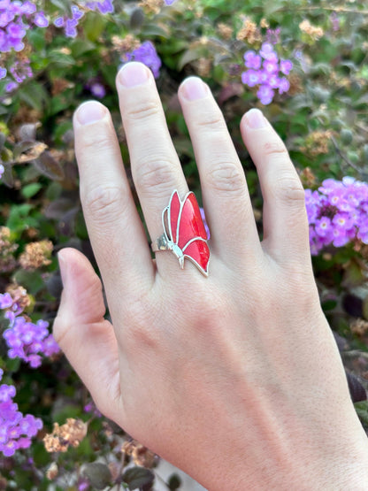 Red Coral Butterfly Ring, Natural Coral Inlay Ring, Sterling Silver Statement Ring, Handmade Monarch Butterfly Jewelry, Gift for Her