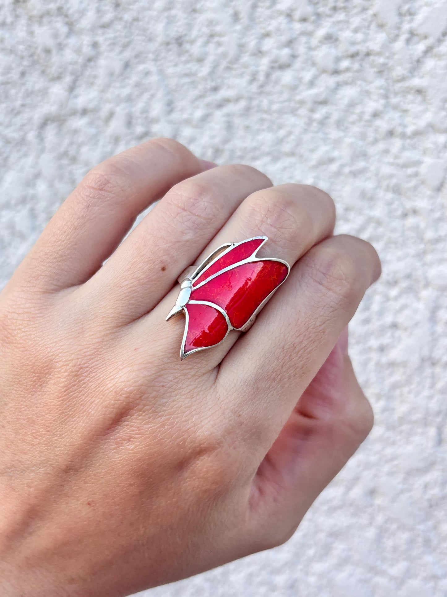 Red Coral Butterfly Ring, Natural Coral Inlay Ring, Sterling Silver Statement Ring, Handmade Monarch Butterfly Jewelry, Gift for Her