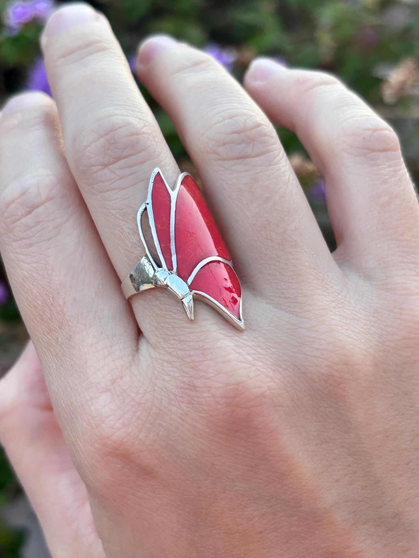 Red Coral Butterfly Ring, Natural Coral Inlay Ring, Sterling Silver Statement Ring, Handmade Monarch Butterfly Jewelry, Gift for Her