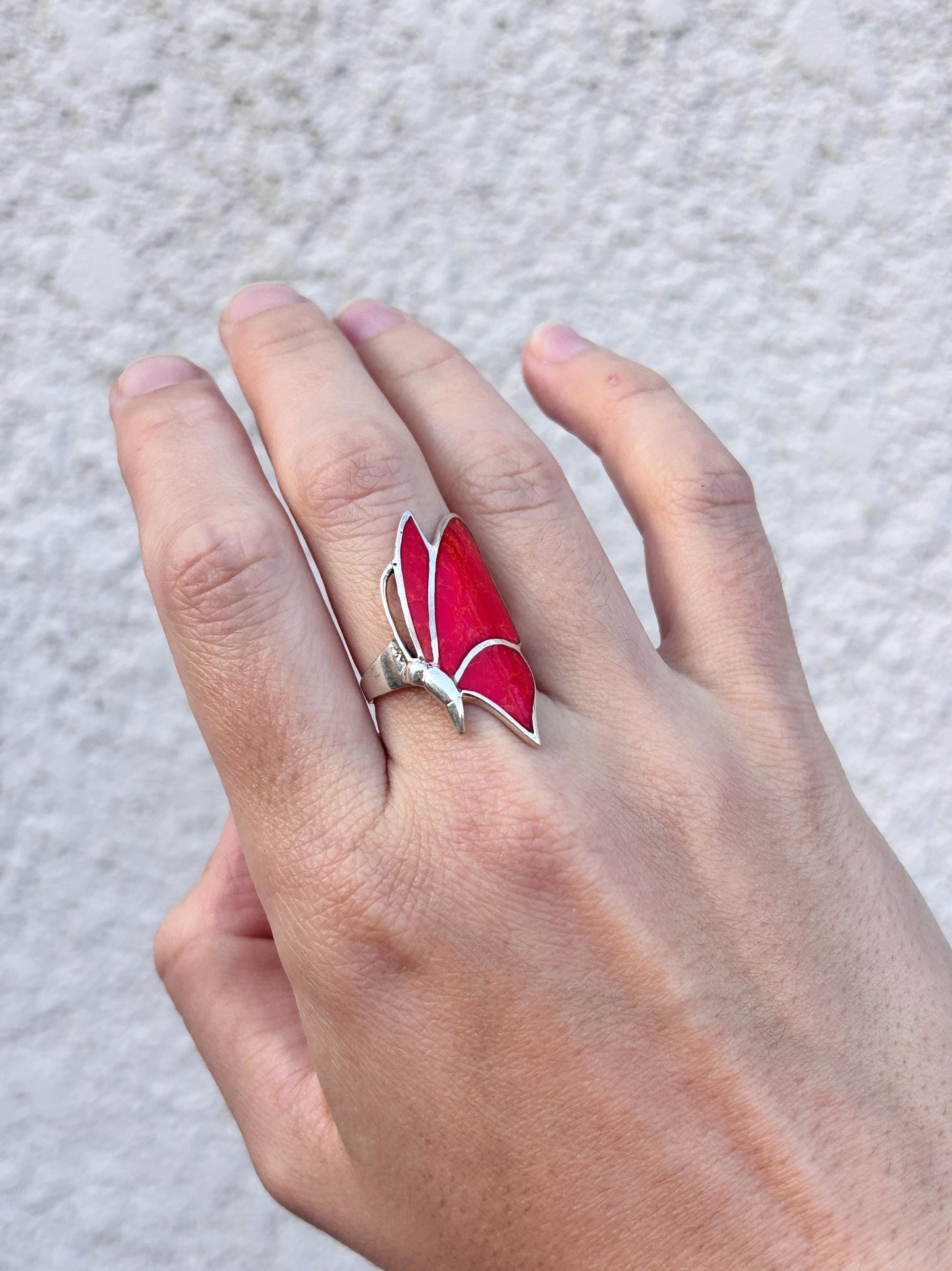 Red Coral Butterfly Ring, Natural Coral Inlay Ring, Sterling Silver Statement Ring, Handmade Monarch Butterfly Jewelry, Gift for Her