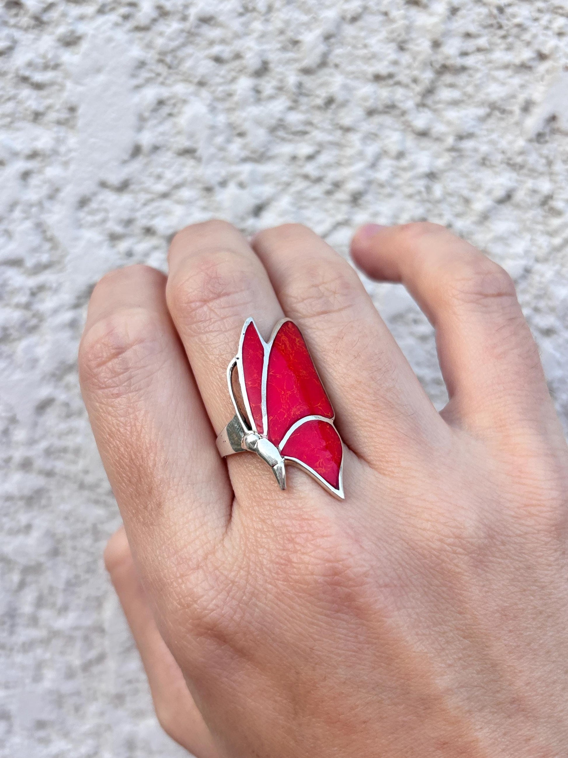 Red Coral Butterfly Ring, Natural Coral Inlay Ring, Sterling Silver Statement Ring, Handmade Monarch Butterfly Jewelry, Gift for Her