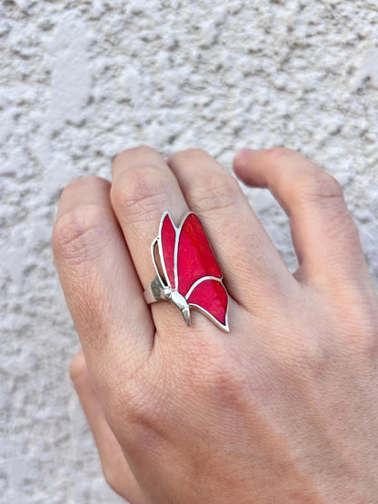 Red Coral Butterfly Ring, Natural Coral Inlay Ring, Sterling Silver Statement Ring, Handmade Monarch Butterfly Jewelry, Gift for Her