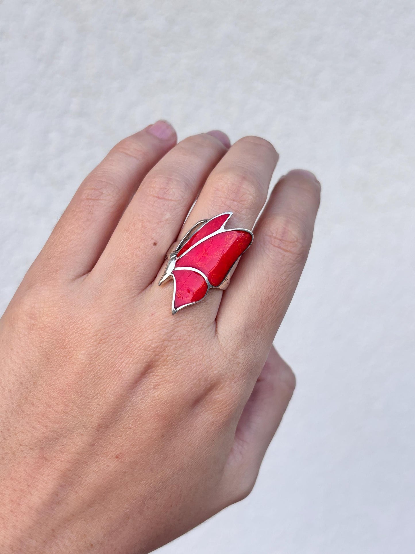 Red Coral Butterfly Ring, Natural Coral Inlay Ring, Sterling Silver Statement Ring, Handmade Monarch Butterfly Jewelry, Gift for Her