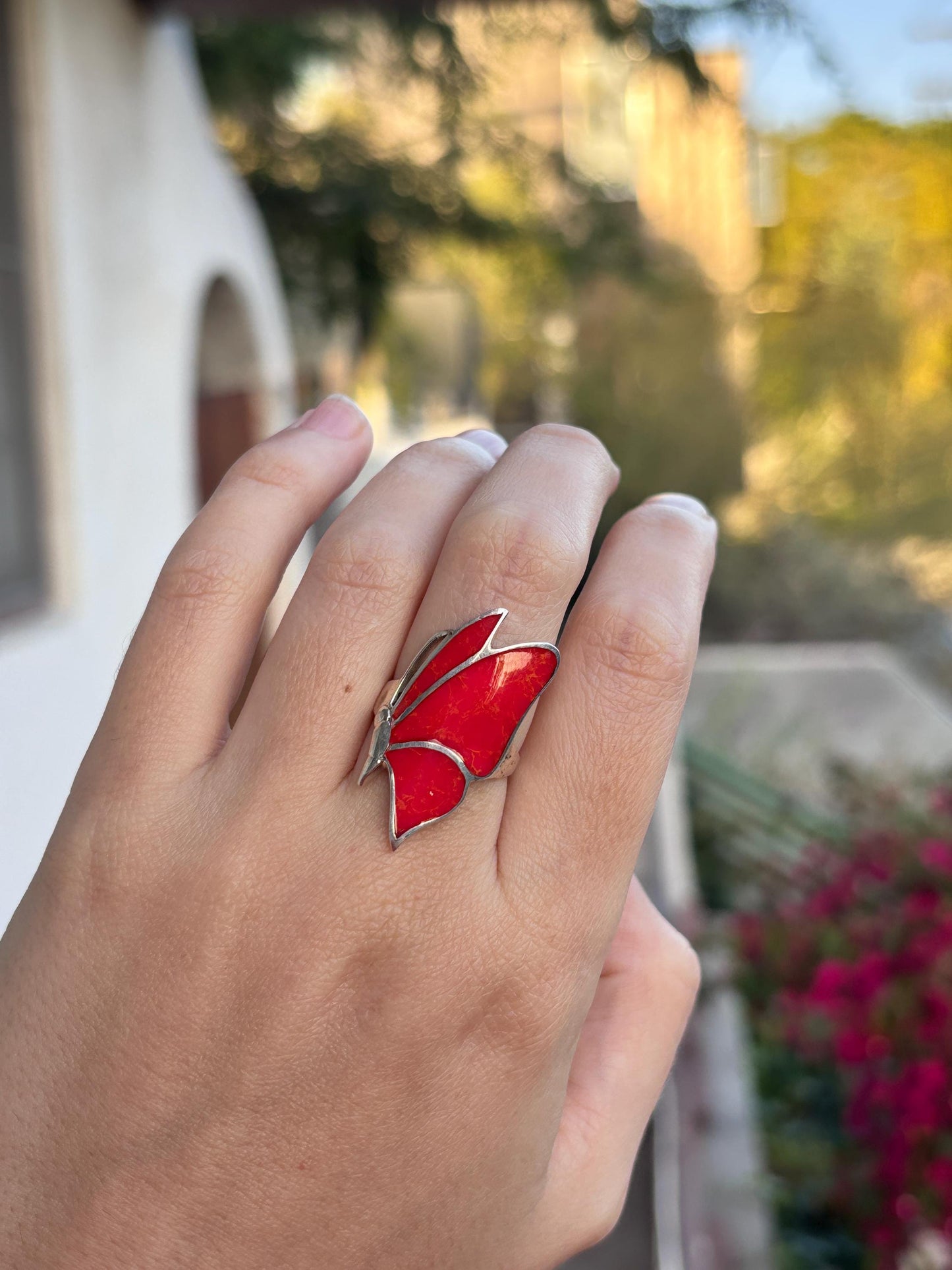 Red Coral Butterfly Ring, Natural Coral Inlay Ring, Sterling Silver Statement Ring, Handmade Monarch Butterfly Jewelry, Gift for Her