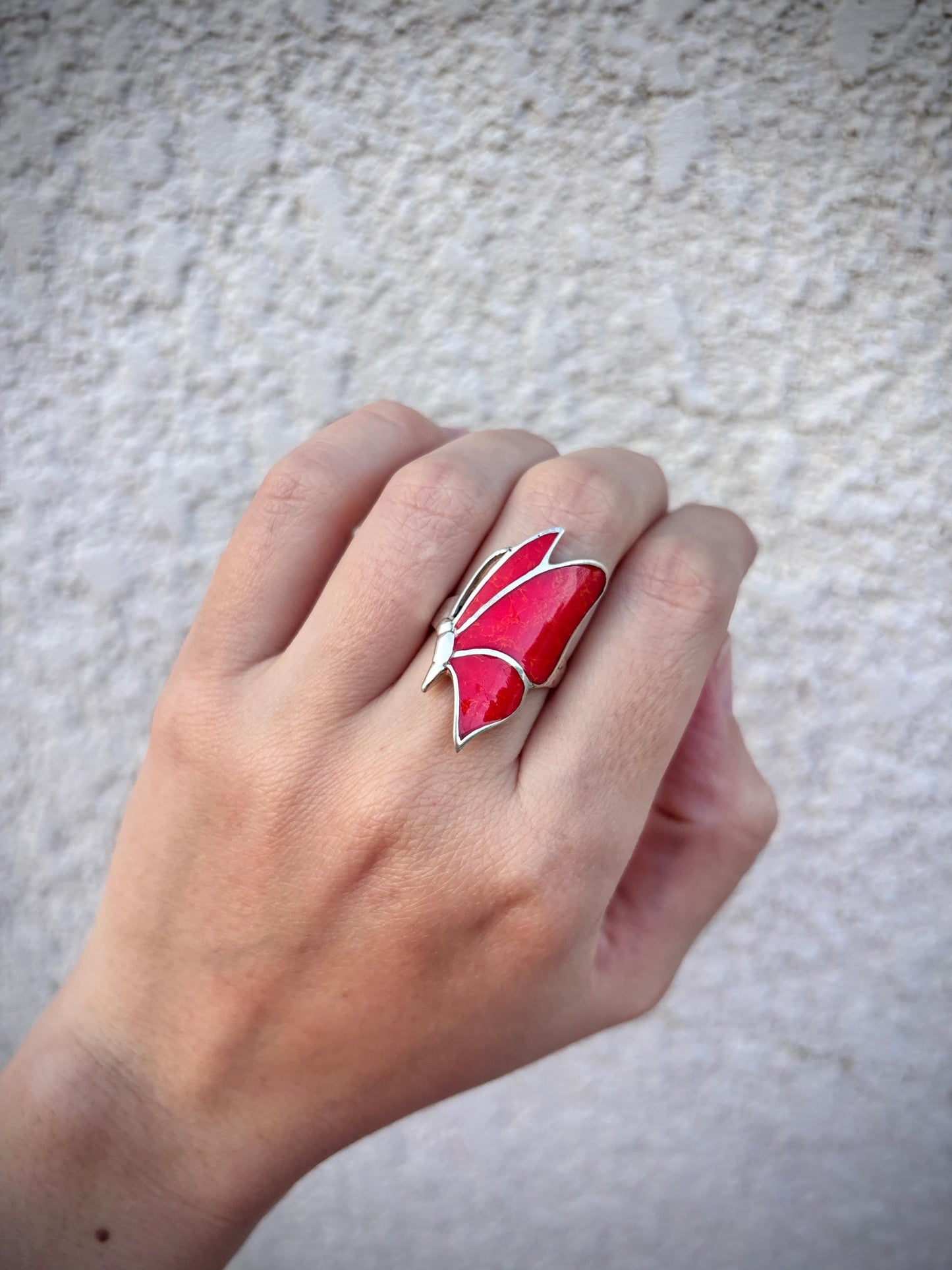 Red Coral Butterfly Ring, Natural Coral Inlay Ring, Sterling Silver Statement Ring, Handmade Monarch Butterfly Jewelry, Gift for Her