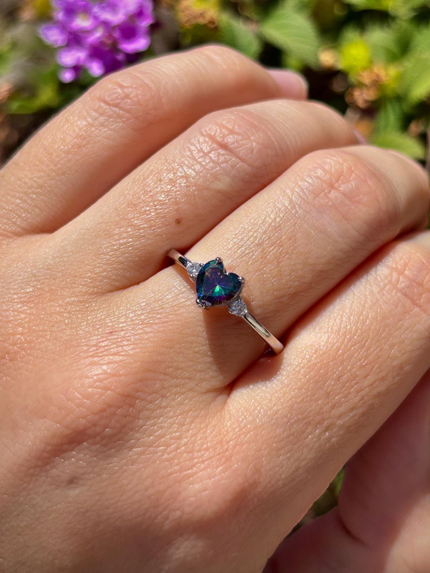 Rainbow Mystic Topaz Heart Ring, 925 Sterling Silver Promise Ring, Color Changing Heart Ring, Dainty Rainbow Stone Ring, Gift for Her