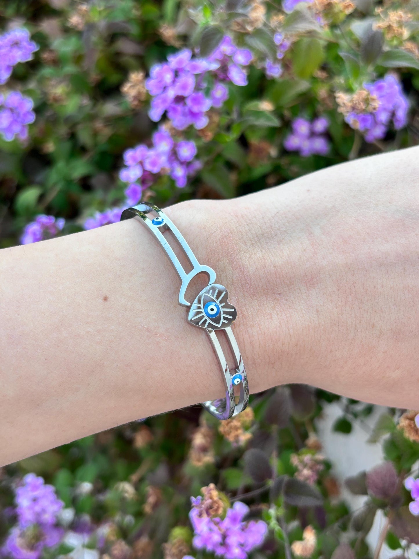 7 Inch Evil Eye Heart Bracelet, Stainless Steel Cuff Bracelet, Protective Jewelry, Hypoallergenic Bangle, Lucky Gift for Her