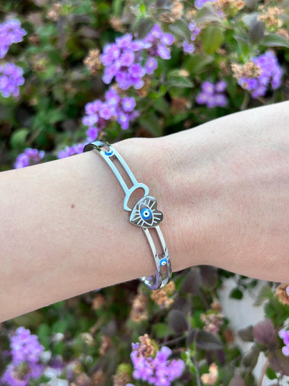7 Inch Evil Eye Heart Bracelet, Stainless Steel Cuff Bracelet, Protective Jewelry, Hypoallergenic Bangle, Lucky Gift for Her