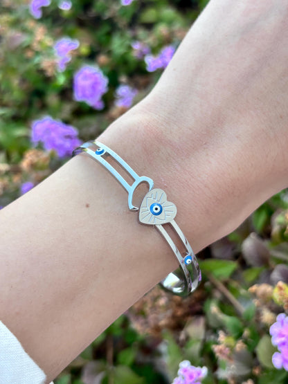 7 Inch Evil Eye Heart Bracelet, Stainless Steel Cuff Bracelet, Protective Jewelry, Hypoallergenic Bangle, Lucky Gift for Her