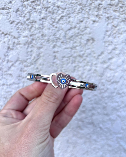 7 Inch Evil Eye Heart Bracelet, Stainless Steel Cuff Bracelet, Protective Jewelry, Hypoallergenic Bangle, Lucky Gift for Her