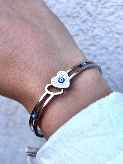 7 Inch Evil Eye Heart Bracelet, Stainless Steel Cuff Bracelet, Protective Jewelry, Hypoallergenic Bangle, Lucky Gift for Her