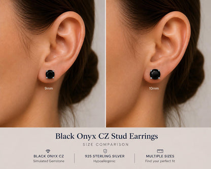 Black Onyx CZ Stud Earrings, 925 Sterling Silver Earrings, Black Gemstone Studs, Hypoallergenic Minimal Earrings, Everyday Jewelry Gift