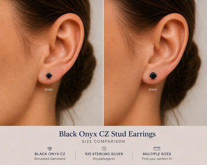 Black Onyx CZ Stud Earrings, 925 Sterling Silver Earrings, Black Gemstone Studs, Hypoallergenic Minimal Earrings, Everyday Jewelry Gift