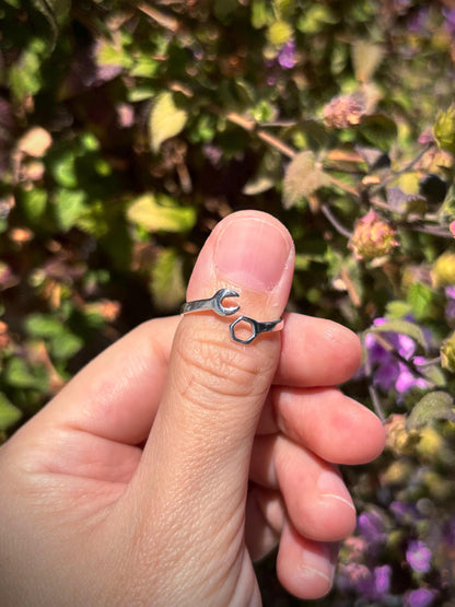 925 Sterling Silver Wrench & Nut Ring, Handmade Tool Ring, Minimalist Adjustable Ring, Mechanic Jewelry, Industrial Style Ring