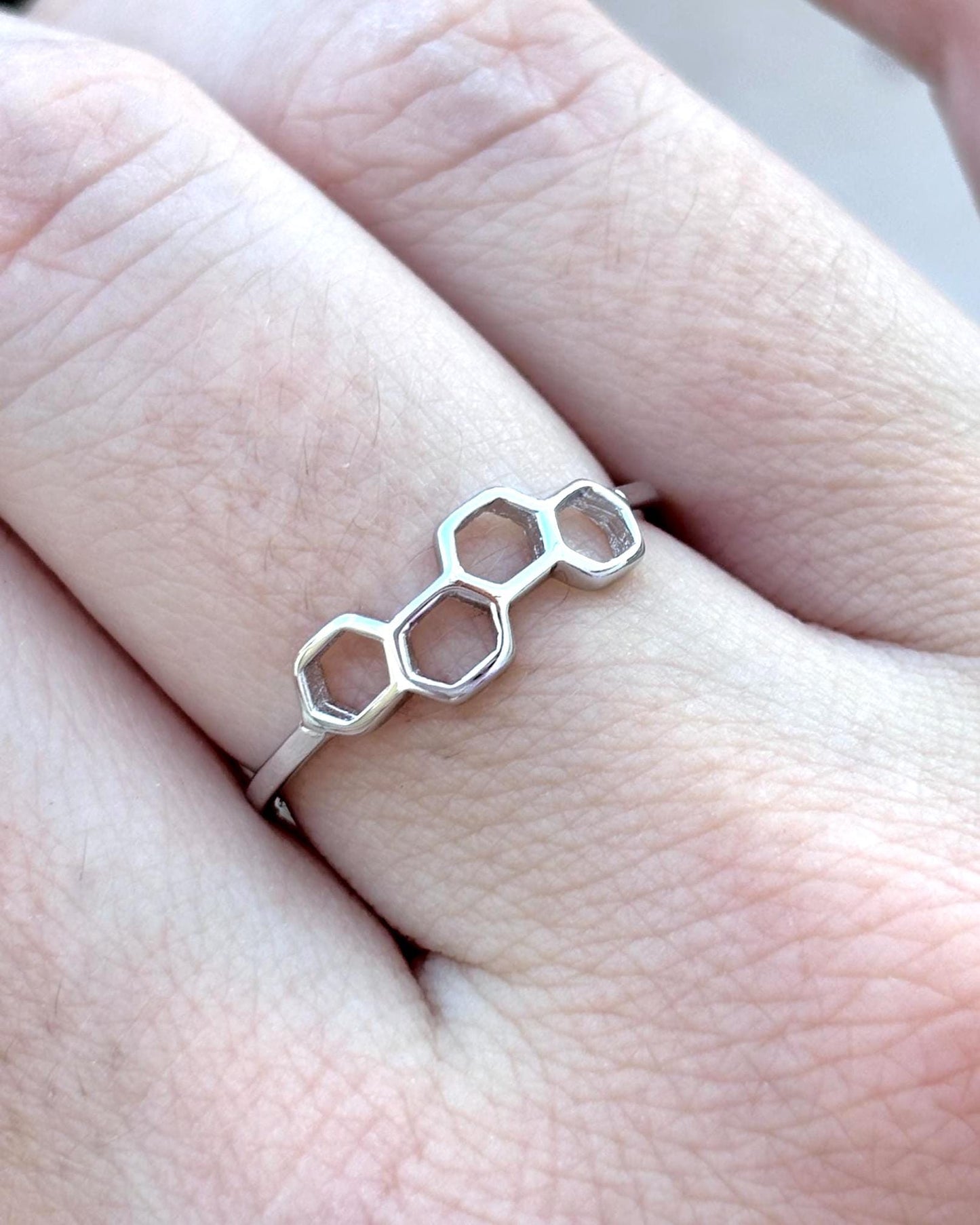 Sterling Silver Honeycomb Ring, Hexagon Ring, Minimalist Geometric Ring, Bee Inspired Jewelry, Modern Silver Ring, Stackable Ring for Her