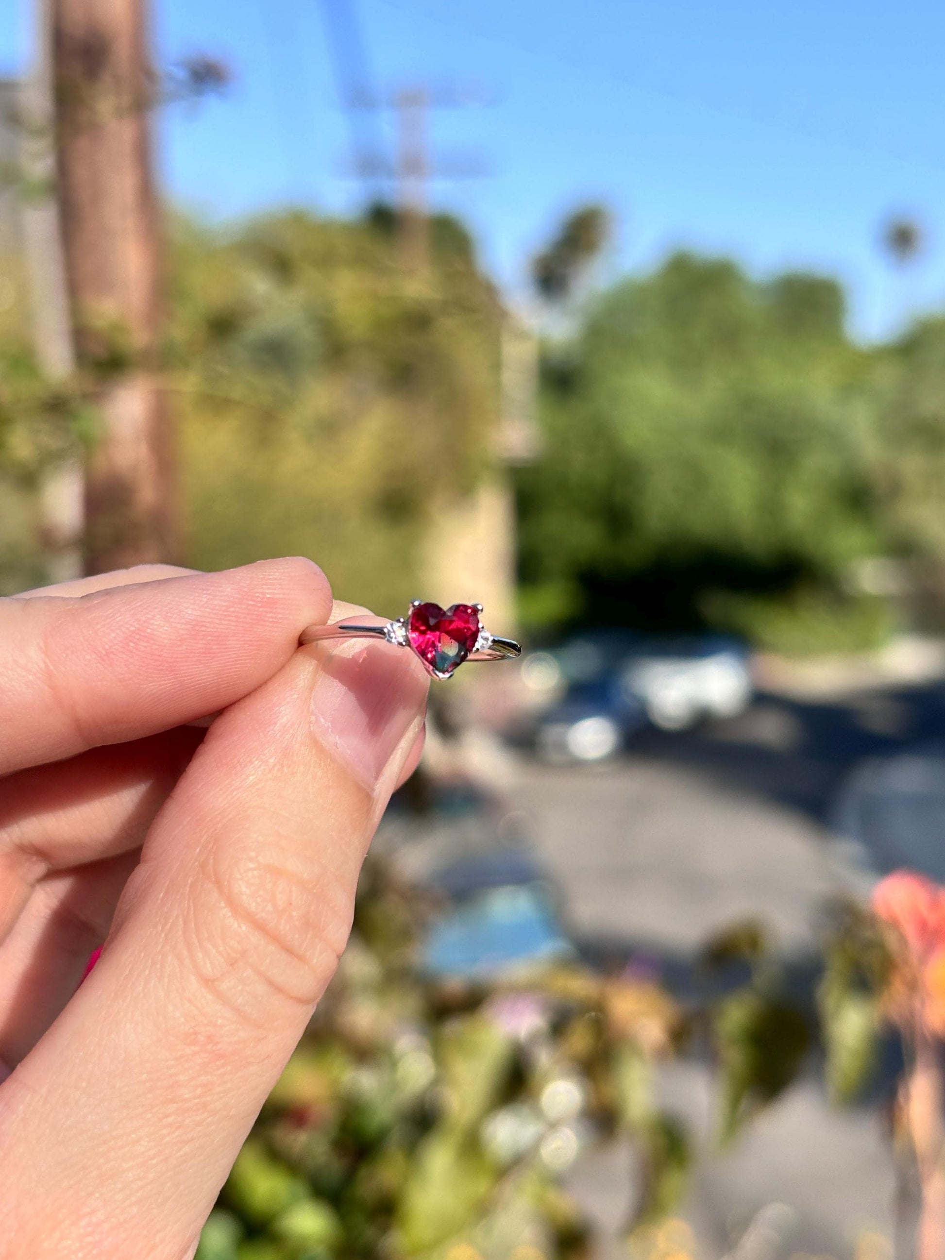 925 Sterling Silver Watermelon Tourmaline Heart Ring, Summer Ring for Kids, Handmade Dainty Promise Ring, Cute Colorful Jewelry Gift