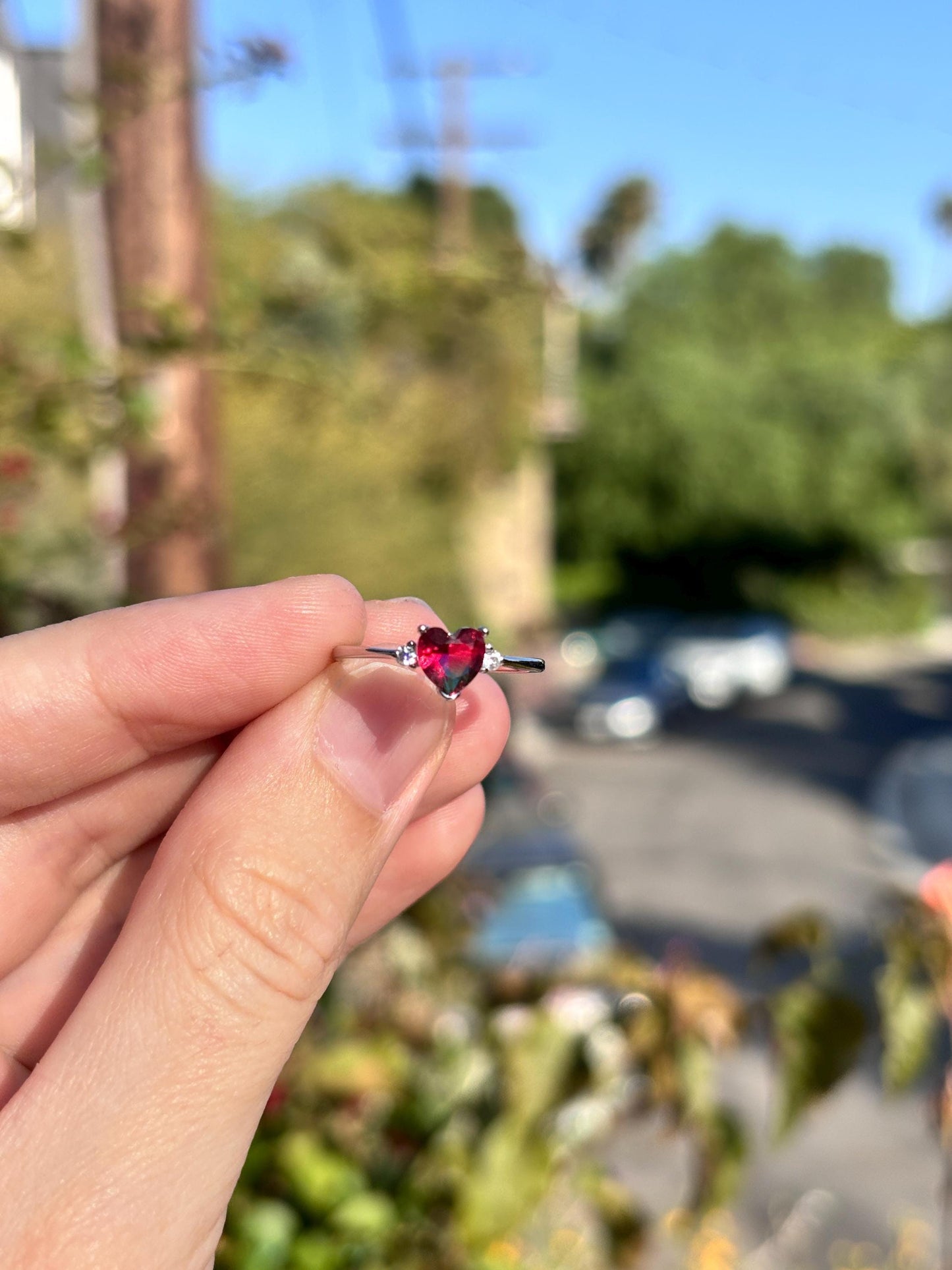 925 Sterling Silver Watermelon Tourmaline Heart Ring, Summer Ring for Kids, Handmade Dainty Promise Ring, Cute Colorful Jewelry Gift