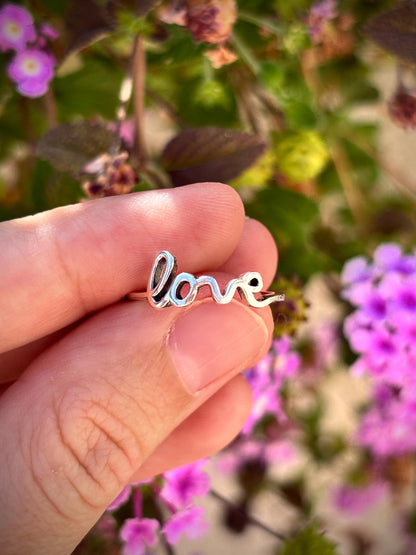 925 Sterling Silver Love Ring, Handmade Minimalist Script Ring, Cute Romantic Promise Ring, Everyday Jewelry Gift for Her