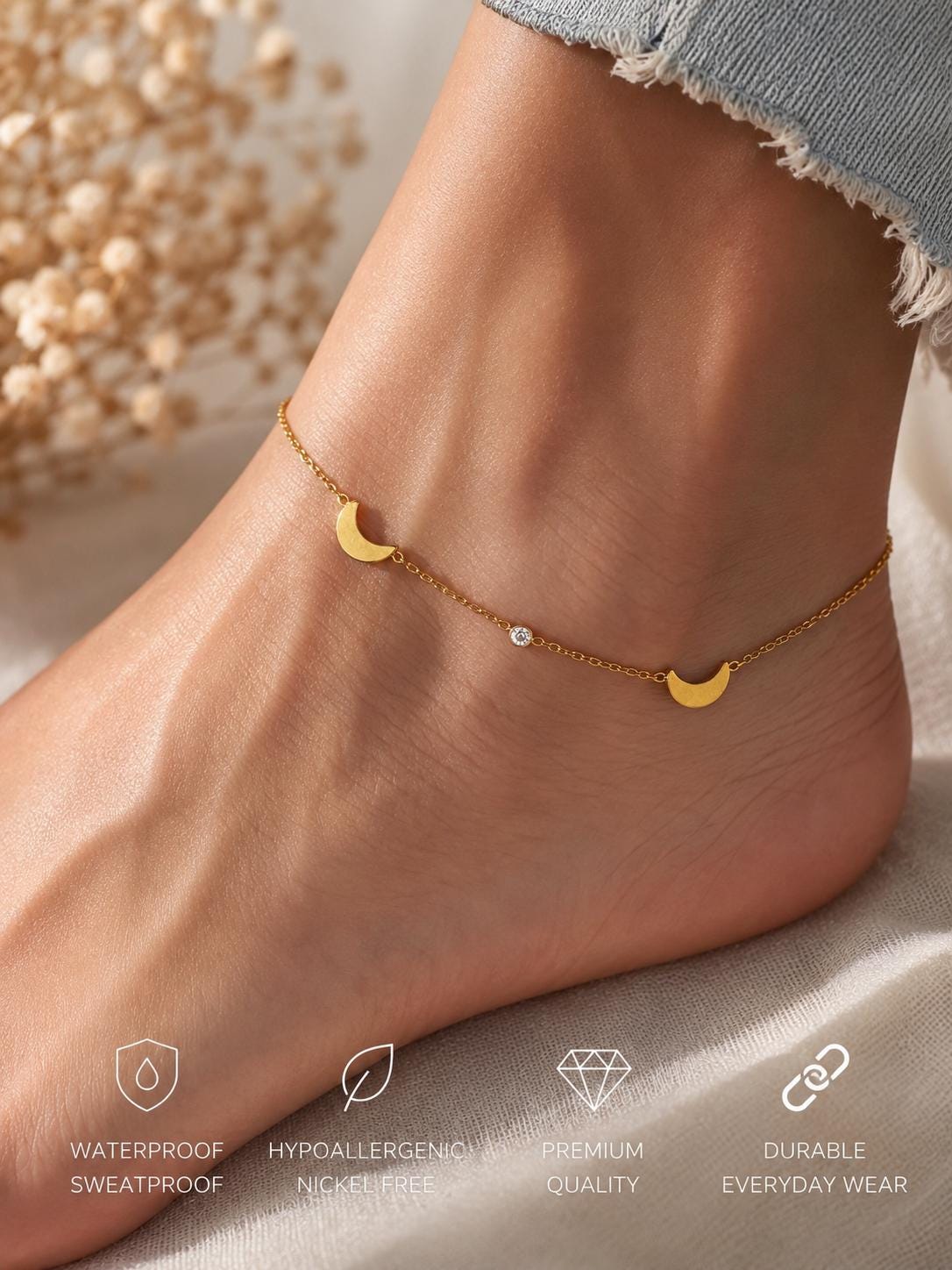 Moon Anklet, 14K Gold Plated Anklet, Crescent Moon Anklet, Gold Ankle Bracelet, Waterproof Anklet, Celestial Jewelry, Gift for Her