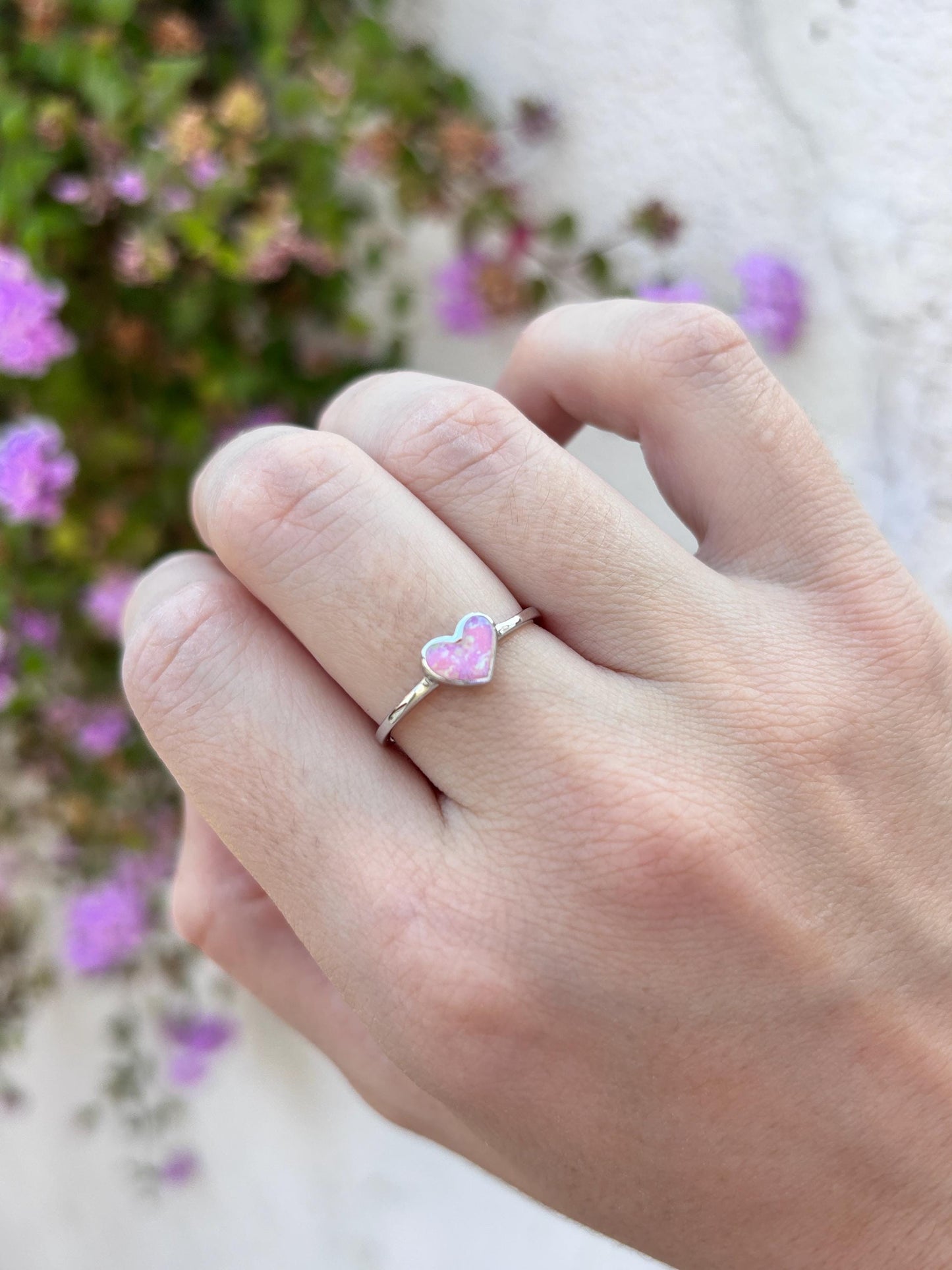 Pink Opal Heart Ring, Sterling Silver Heart Ring, Dainty Heart Ring, Opal Ring for Women, Promise Ring, Romantic Gift, Minimalist Jewelry