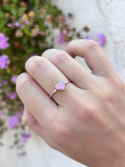 Pink Opal Heart Ring, Sterling Silver Heart Ring, Dainty Heart Ring, Opal Ring for Women, Promise Ring, Romantic Gift, Minimalist Jewelry