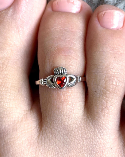 Claddagh Toe Ring 925 Sterling Silver, Red Garnet CZ Toe Ring, Adjustable Silver Toe Ring, Celtic Irish Jewelry, Beach Toe Ring