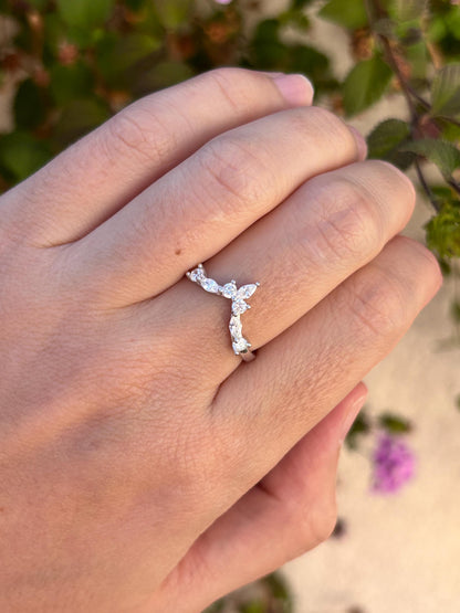 Sterling Silver Chevron Ring, Marquise CZ Wedding Band, Minimalist V Ring, Curved Stacking Ring, Dainty Promise Ring