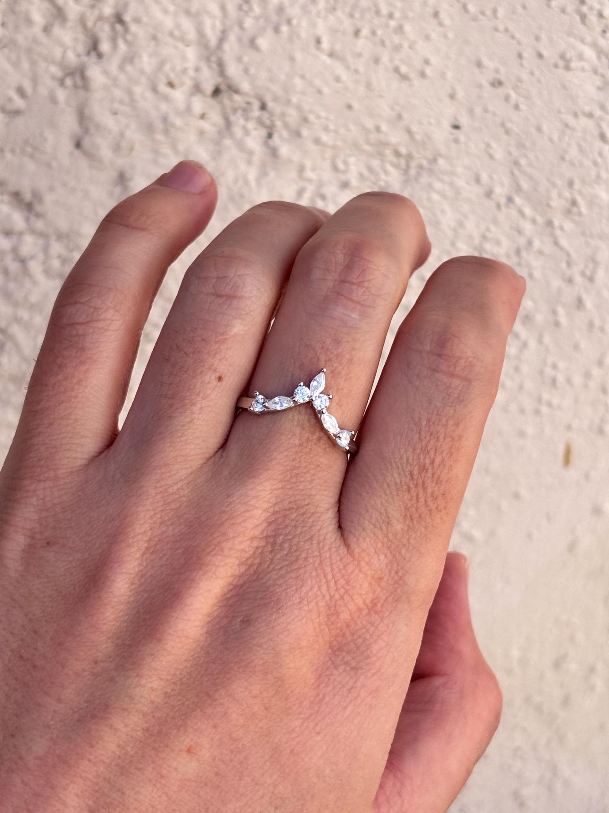 Sterling Silver Chevron Ring, Marquise CZ Wedding Band, Minimalist V Ring, Curved Stacking Ring, Dainty Promise Ring