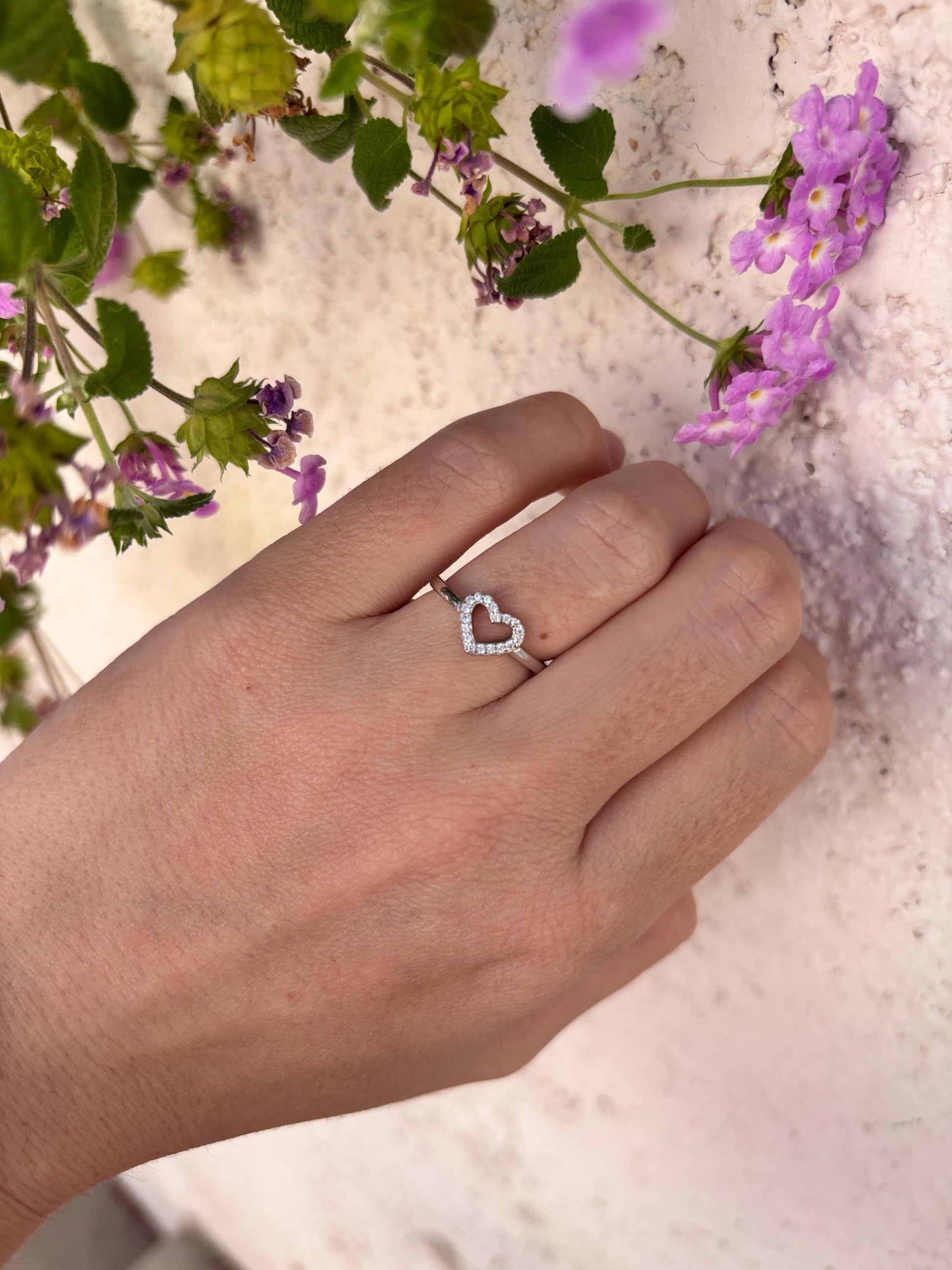 Sterling Silver Heart Ring, Open Heart CZ Ring, Minimalist Promise Ring, Dainty Love Ring, Romantic Everyday Jewelry