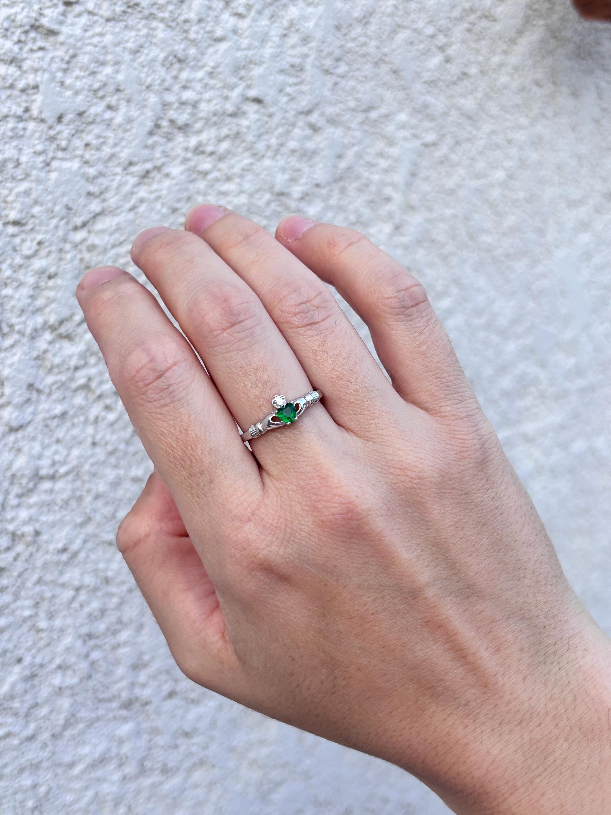 Claddagh Ring with Green Heart, Sterling Silver Claddagh Ring, Irish Promise Ring, Emerald Heart Ring, Celtic Jewelry, Friendship Love Ring