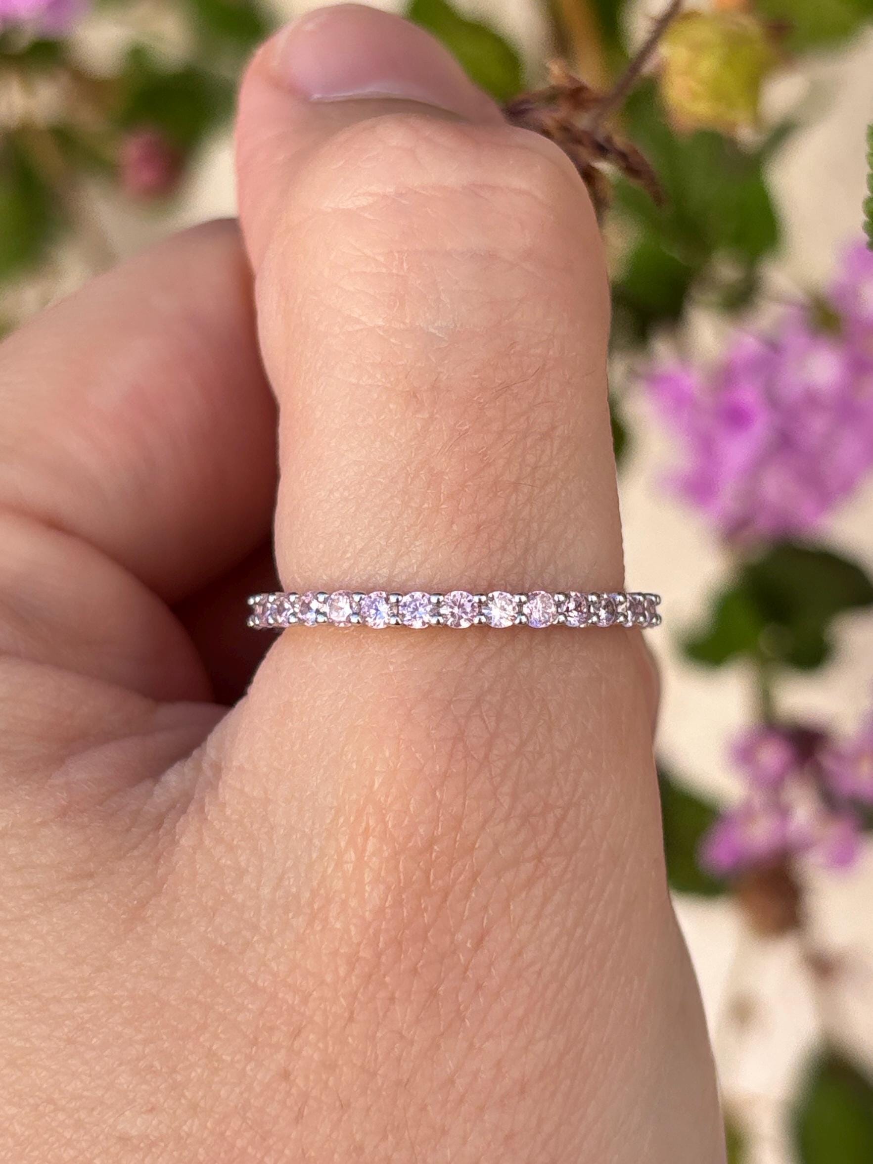 Sterling Silver Pink CZ Eternity Ring, Thin Stackable Band, Dainty Minimalist Ring, Promise Ring for Her