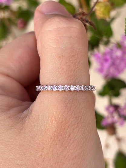 Sterling Silver Pink CZ Eternity Ring, Thin Stackable Band, Dainty Minimalist Ring, Promise Ring for Her