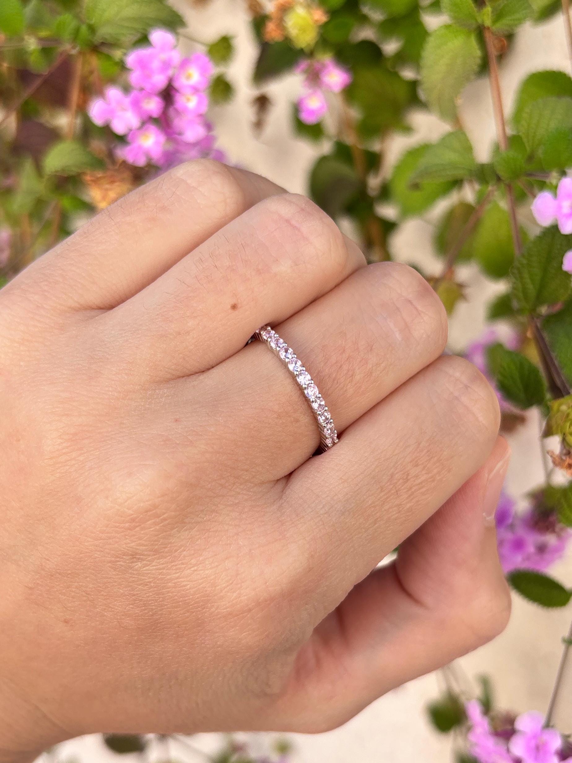 Sterling Silver Pink CZ Eternity Ring, Thin Stackable Band, Dainty Minimalist Ring, Promise Ring for Her