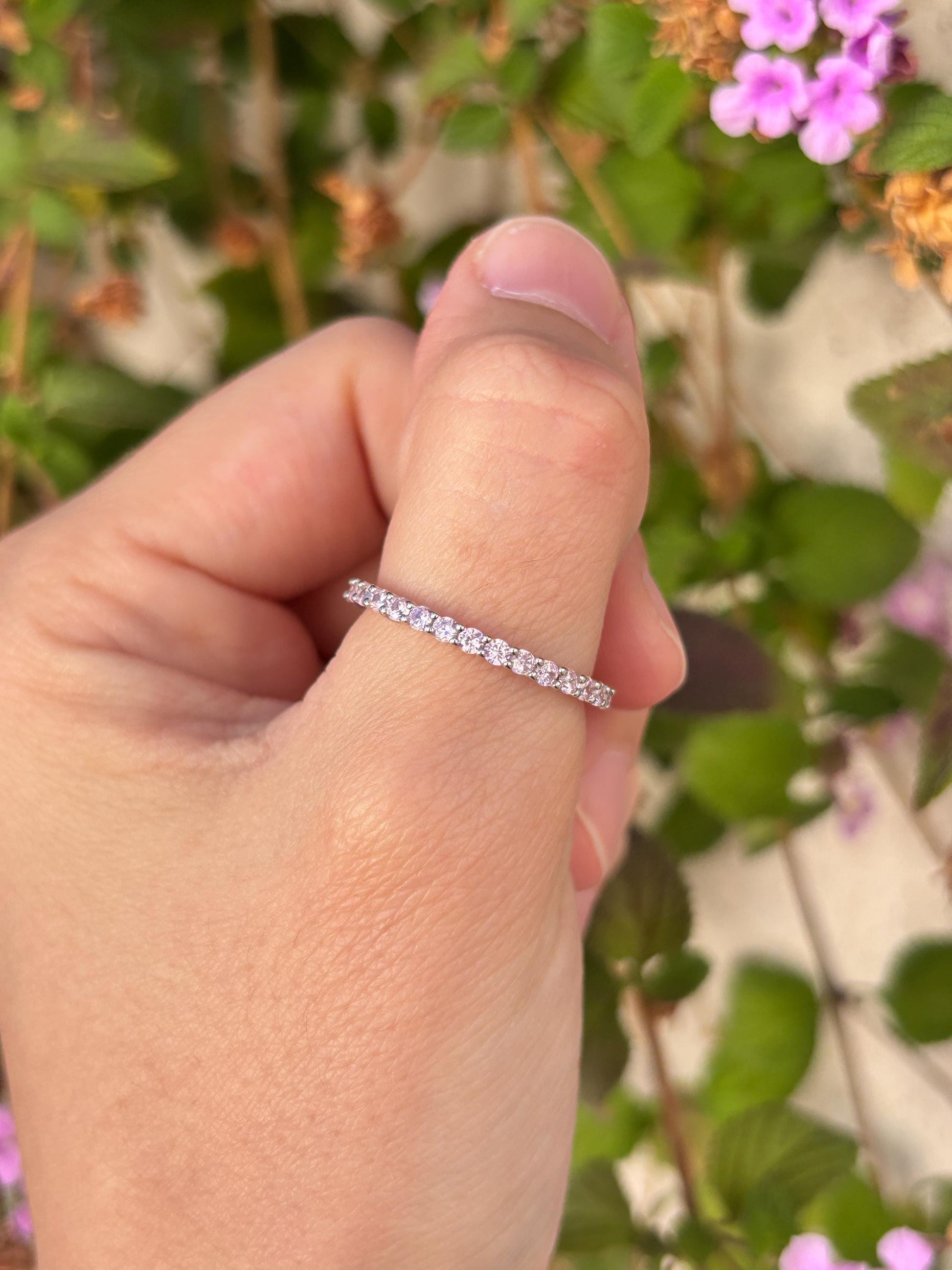 Sterling Silver Pink CZ Eternity Ring, Thin Stackable Band, Dainty Minimalist Ring, Promise Ring for Her