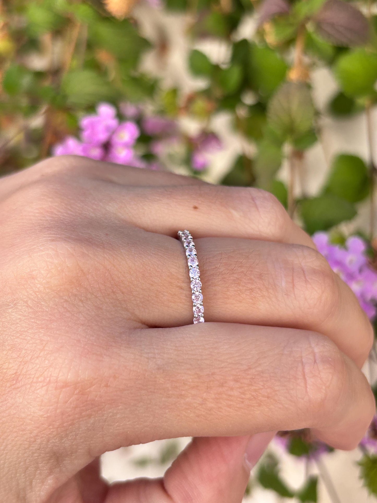 Sterling Silver Pink CZ Eternity Ring, Thin Stackable Band, Dainty Minimalist Ring, Promise Ring for Her