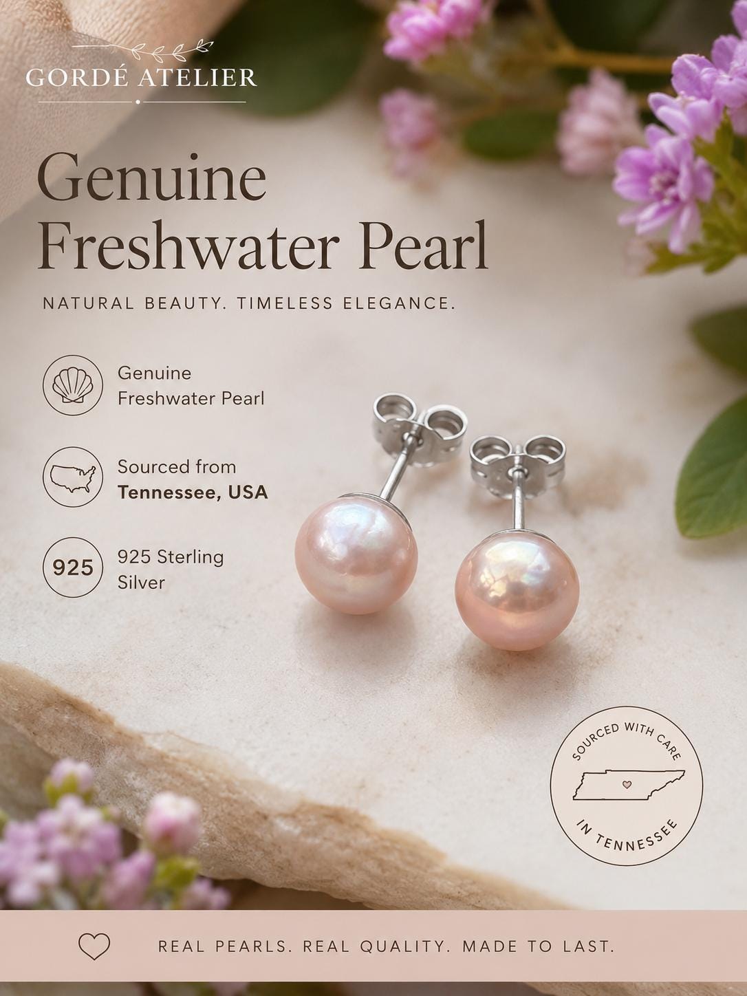8mm Genuine Freshwater Pearl Stud Earrings, 925 Sterling Silver Pearl Earrings, Tennessee Pearl Jewelry, Classic Pearl Studs, Gift for Her
