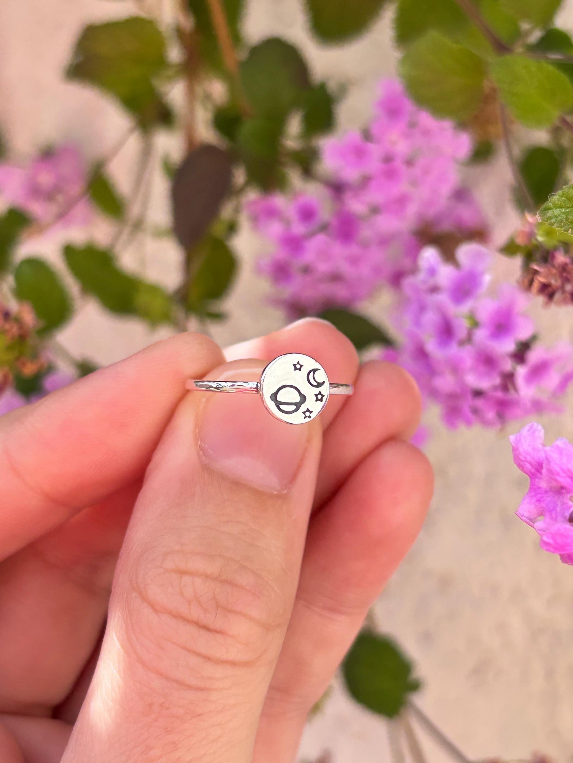 Celestial Planet Ring Sterling Silver, Moon and Stars Ring, Space Jewelry, Cosmic Minimalist Ring, Saturn Ring, Galaxy Gift