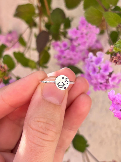Celestial Planet Ring Sterling Silver, Moon and Stars Ring, Space Jewelry, Cosmic Minimalist Ring, Saturn Ring, Galaxy Gift