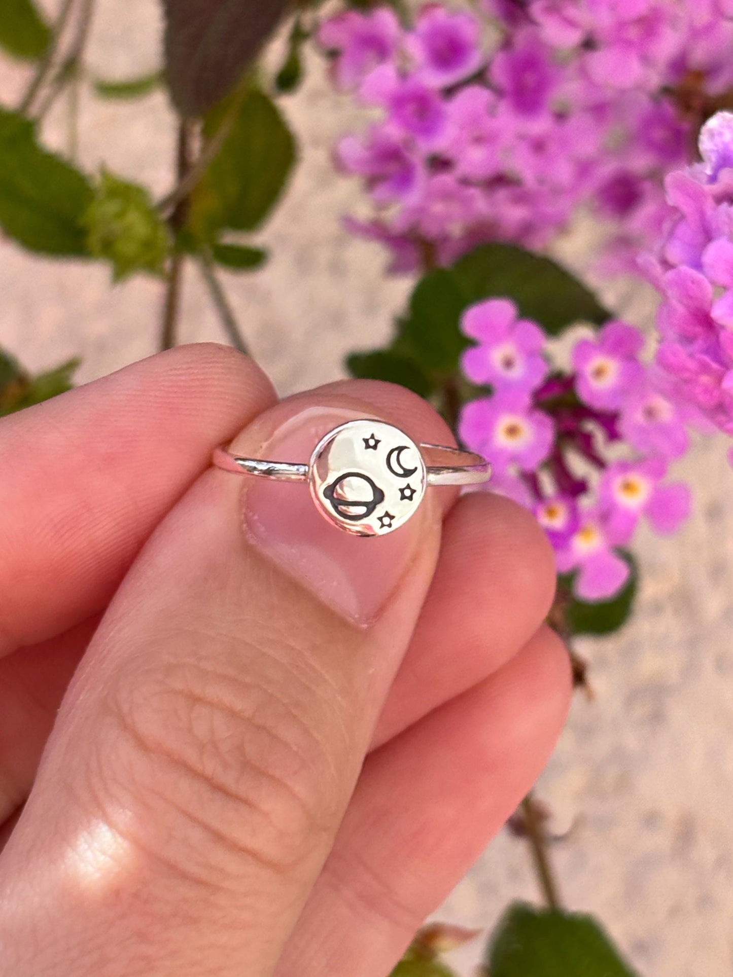 Celestial Planet Ring Sterling Silver, Moon and Stars Ring, Space Jewelry, Cosmic Minimalist Ring, Saturn Ring, Galaxy Gift