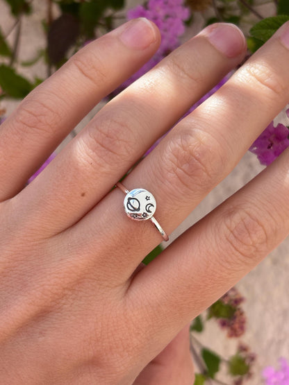 Celestial Planet Ring Sterling Silver, Moon and Stars Ring, Space Jewelry, Cosmic Minimalist Ring, Saturn Ring, Galaxy Gift