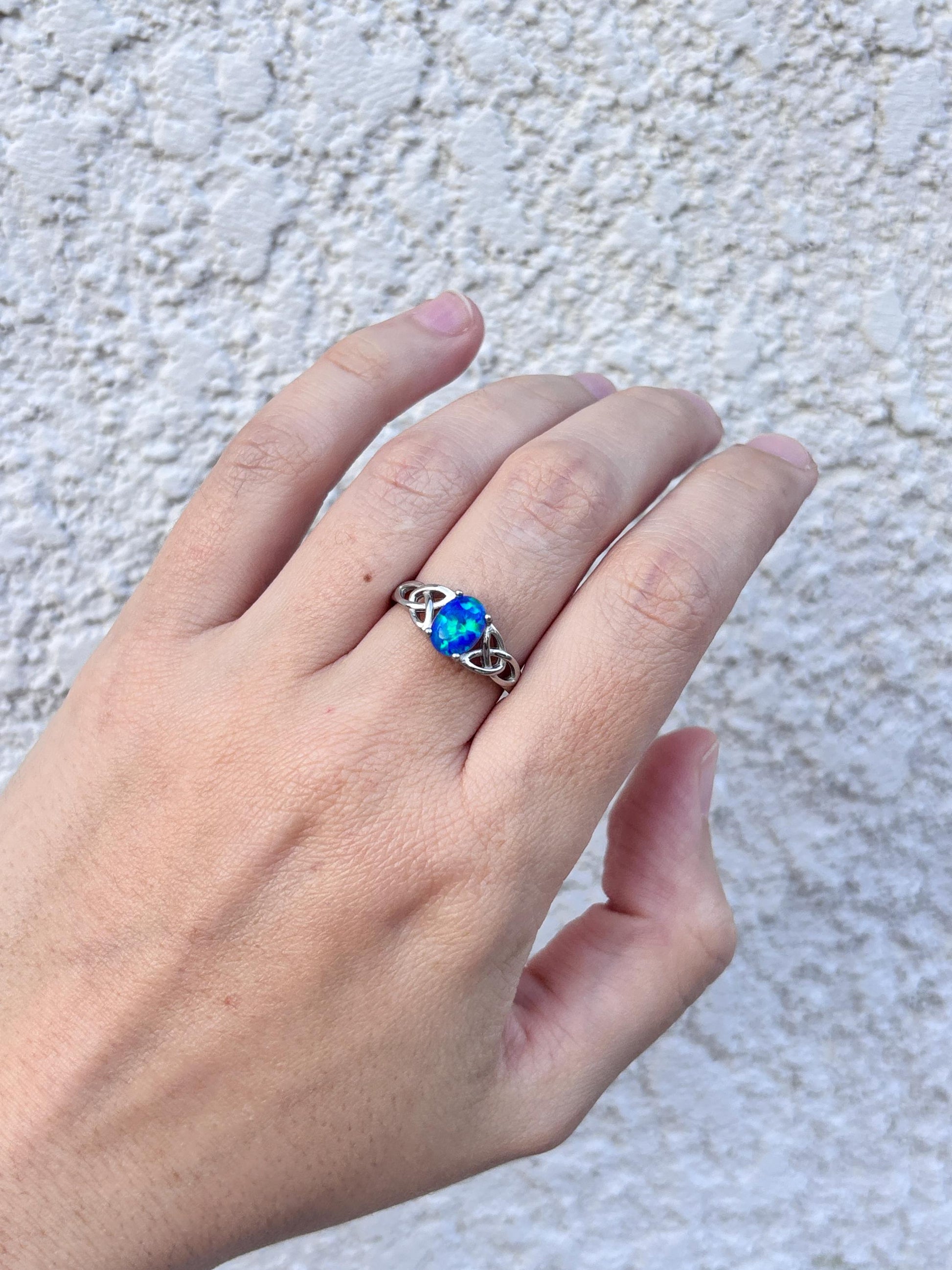 Blue Opal Celtic Ring, 925 Sterling Silver Ring, Celtic Knot Ring, Lab Created Blue Opal Ring, Irish Ring, Promise Ring, Gift for Her