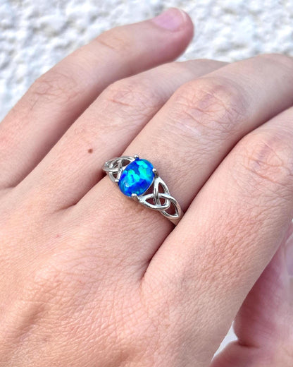 Blue Opal Celtic Ring, 925 Sterling Silver Ring, Celtic Knot Ring, Lab Created Blue Opal Ring, Irish Ring, Promise Ring, Gift for Her
