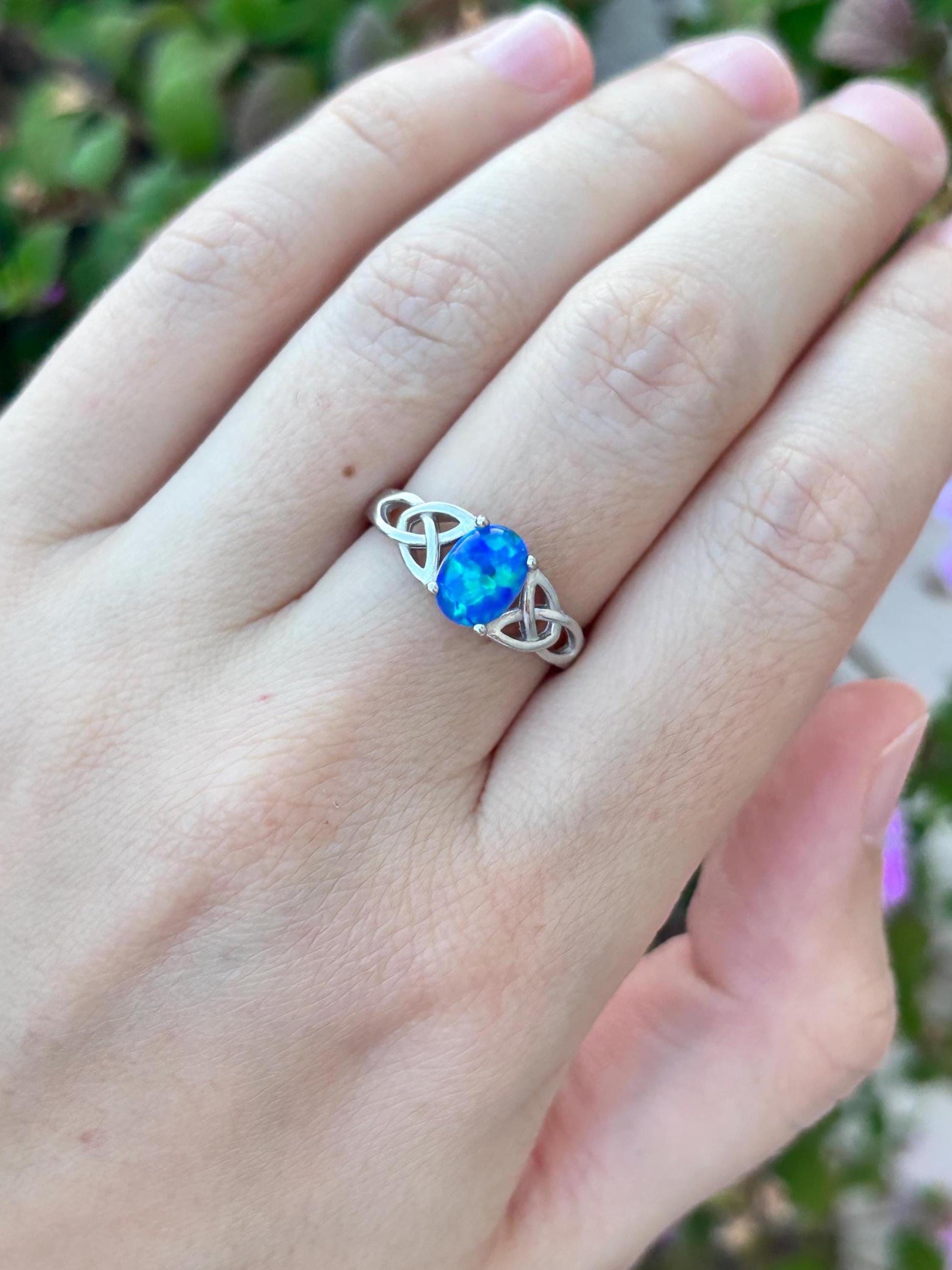 Blue Opal Celtic Ring, 925 Sterling Silver Ring, Celtic Knot Ring, Lab Created Blue Opal Ring, Irish Ring, Promise Ring, Gift for Her