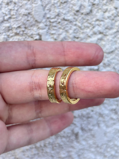 Greek Key Hoop Earrings, Gold Hoop Earrings, 14K Gold Plated Hoops, Stainless Steel Earrings, Geometric Huggie Hoops, Waterproof Jewelry