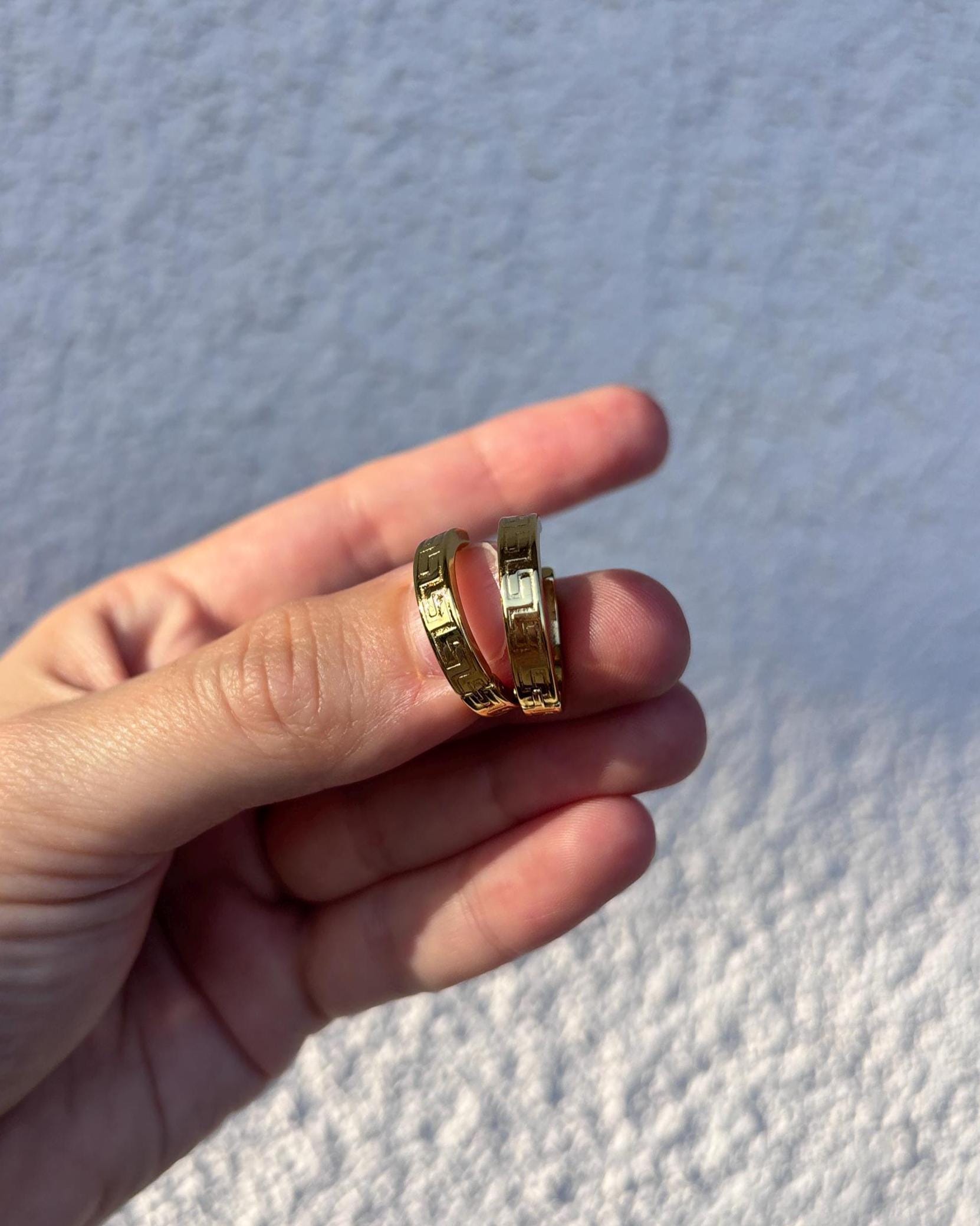 Greek Key Hoop Earrings, Gold Hoop Earrings, 14K Gold Plated Hoops, Stainless Steel Earrings, Geometric Huggie Hoops, Waterproof Jewelry