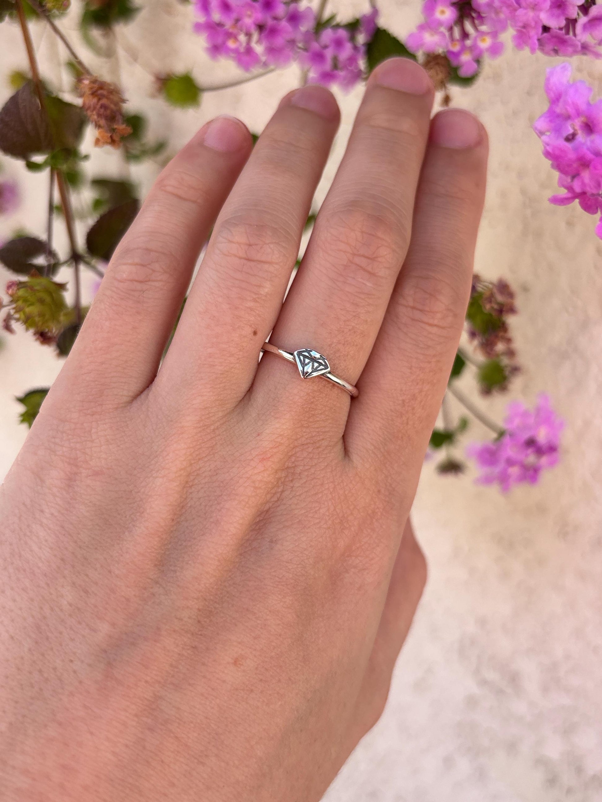 Minimalist Diamond Outline Ring, 925 Sterling Silver Ring, Tiny Diamond Shape Ring, Dainty Stacking Ring, Geometric Jewelry