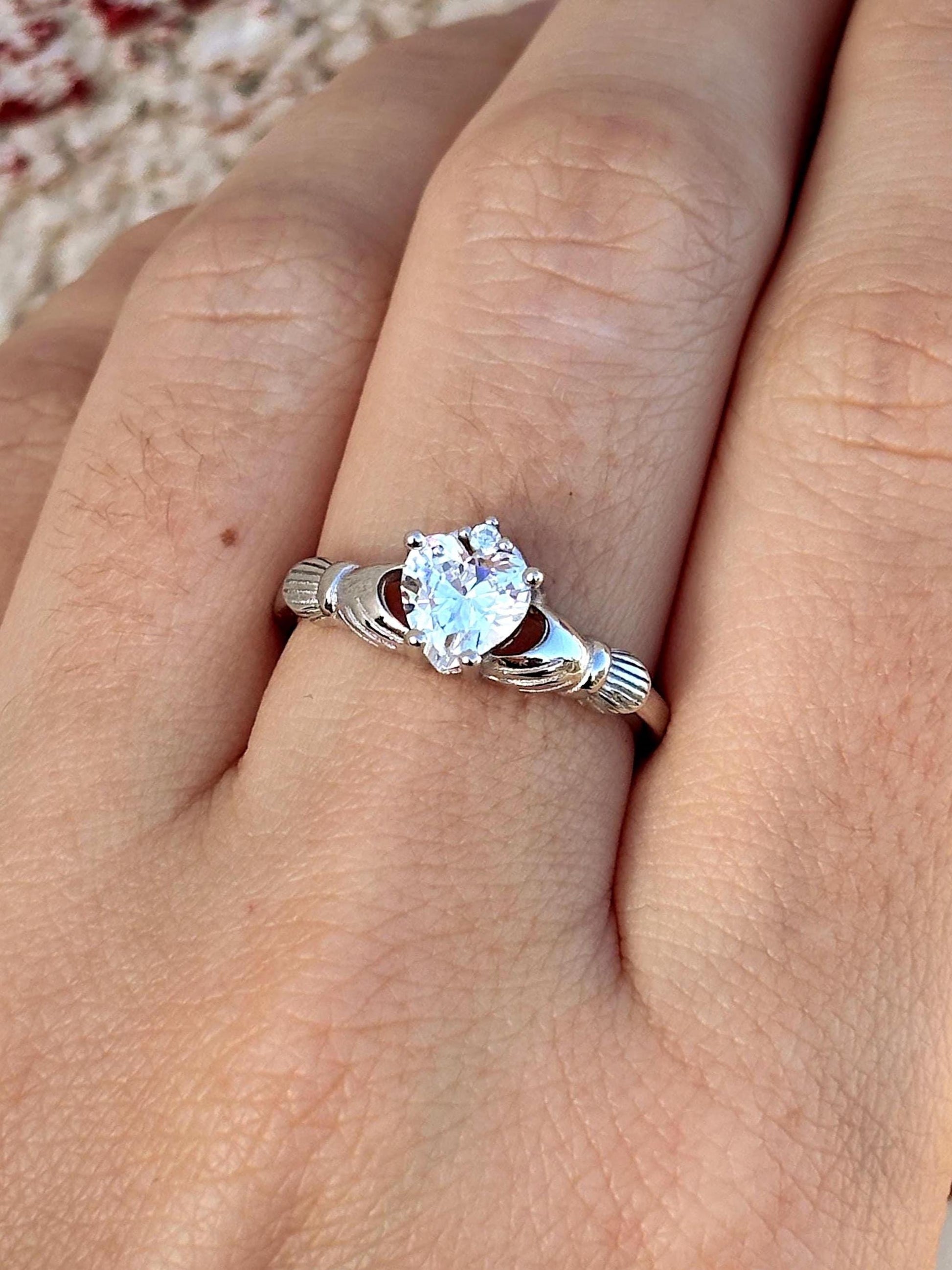 925 Sterling Silver Irish Promise Claddagh Ring, CZ Simulated Diamond Heart Ring, Minimalist Engagement Ring for Her